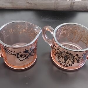Vintage Pink Depression Glass Creamer and Sugar Set with Silver Overlay